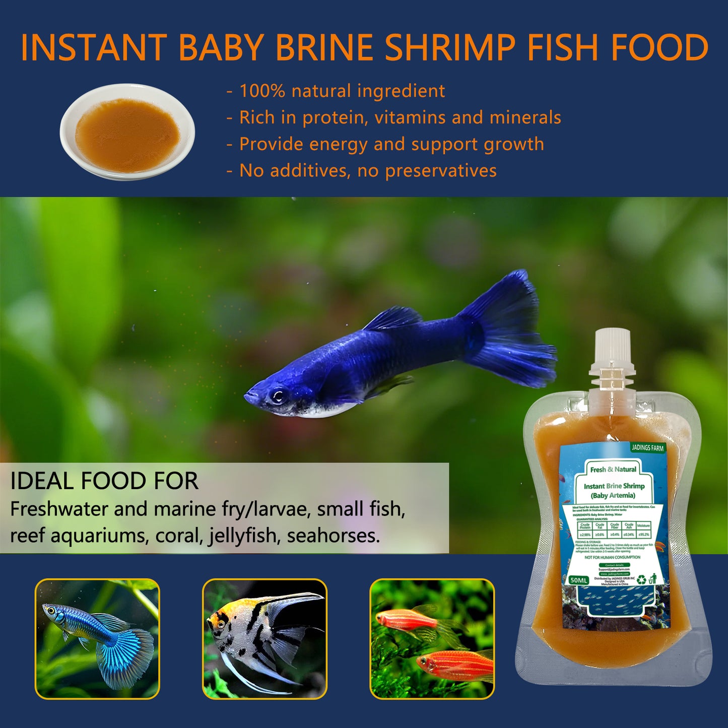 JADINGSFARM Brine Shrimp Fish Food, Ready to Use Aquarium Fish Food, Non-Living Instant Baby brine Shrimp, Food for Betta Saltwater Marine Freshwater Fish, Reef Aquariums, Corals, Axolotl,Jelly