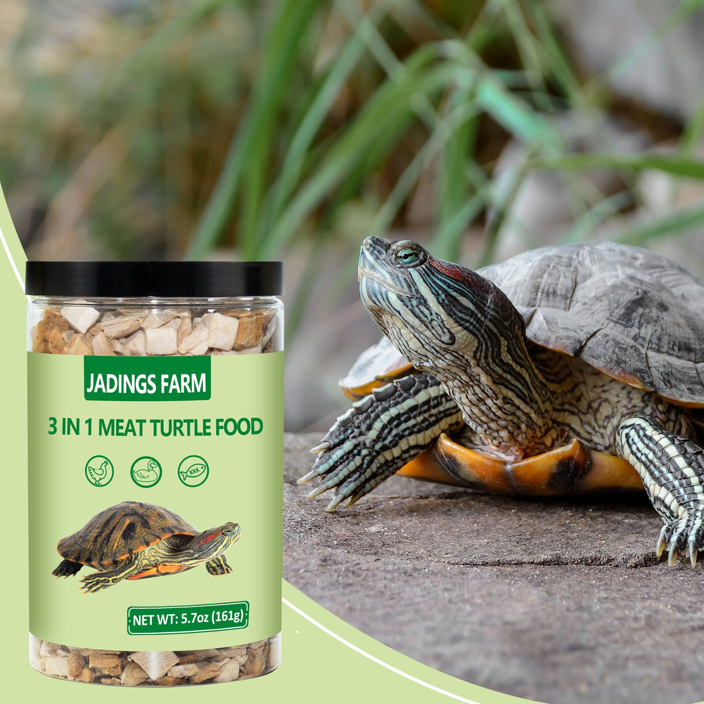 JADINGSFARM Turtle Food 5.7 OZ Natural Freeze-Dried Meat - Chicken, Duck, Salmon - Premium Food for Turtles, Box Turtle, Aquatic Turtle, Baby Turtles, Freeze Dried Turtle Treats