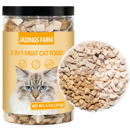 JADINGSFARM Freeze Dried Cat Food, 3 in 1 Natural Freeze Dried Meat - Chicken, Duck, and Salmon Recipe for Cats, Grain-Free Protein Rich Cat Kitten Food 5.7oz