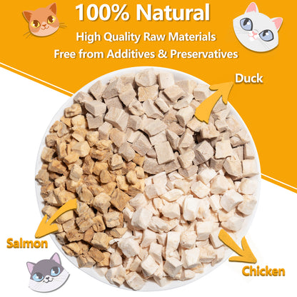 JADINGSFARM Freeze Dried Cat Food, 3 in 1 Natural Freeze Dried Meat - Chicken, Duck, and Salmon Recipe for Cats, Grain-Free Protein Rich Cat Kitten Food 5.7oz