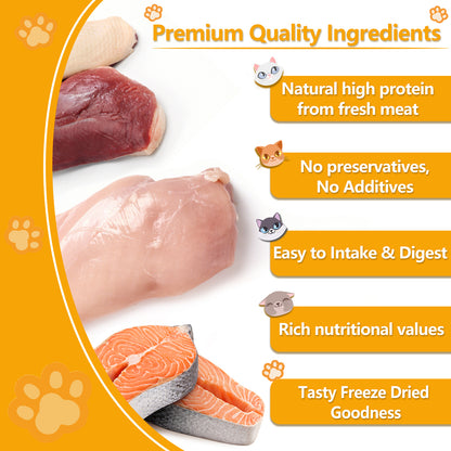 JADINGSFARM Freeze Dried Cat Food, 3 in 1 Natural Freeze Dried Meat - Chicken, Duck, and Salmon Recipe for Cats, Grain-Free Protein Rich Cat Kitten Food 5.7oz