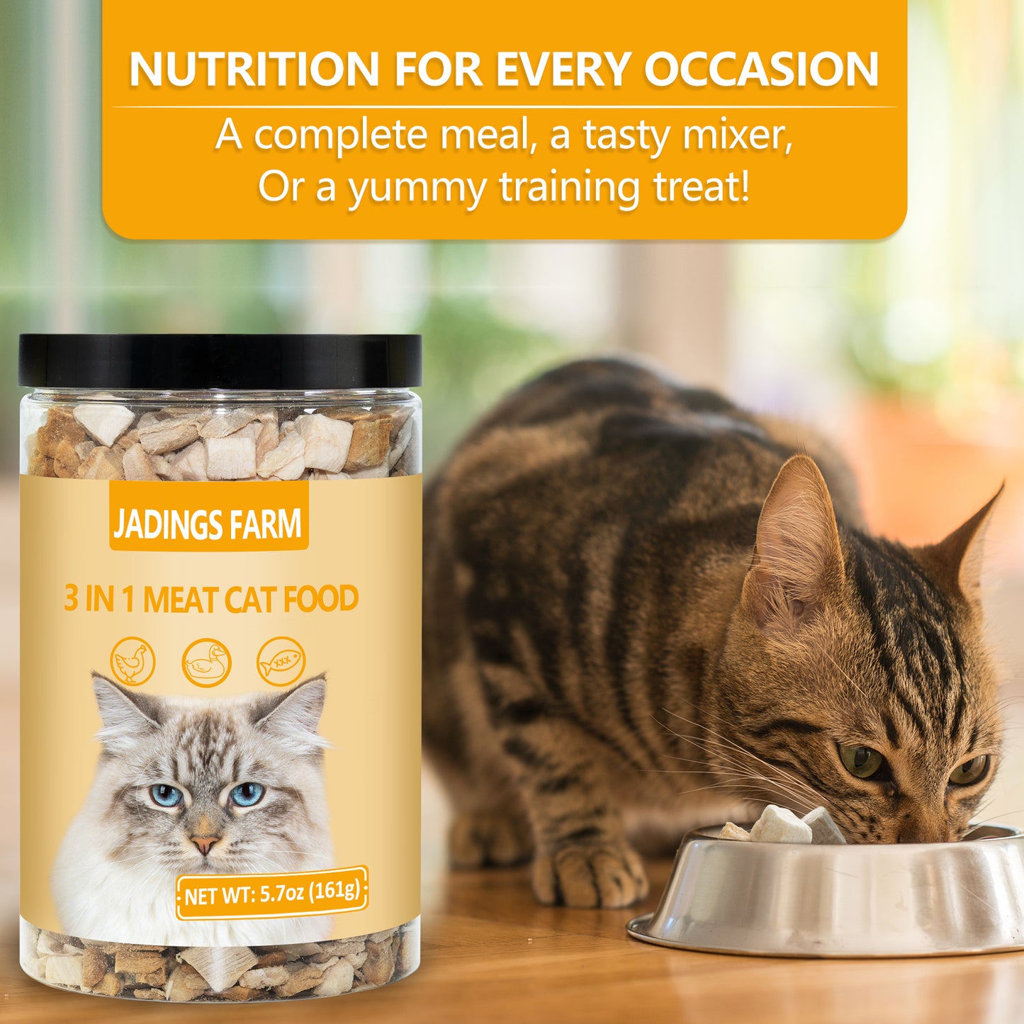 JADINGSFARM Freeze Dried Cat Food, 3 in 1 Natural Freeze Dried Meat - Chicken, Duck, and Salmon Recipe for Cats, Grain-Free Protein Rich Cat Kitten Food 5.7oz