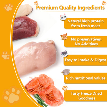 Freeze Dried Cat Food - 3 in 1 Natural Freeze Dried Meat - Chicken, Duck, and Shrimp - Grain-Free Protein Rich Cat Kitten Food 5.7oz