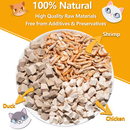 Freeze Dried Cat Food - 3 in 1 Natural Freeze Dried Meat - Chicken, Duck, and Shrimp - Grain-Free Protein Rich Cat Kitten Food 5.7oz